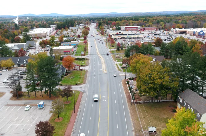 Aerial view along a commercial road in Amherst, New Hampshire