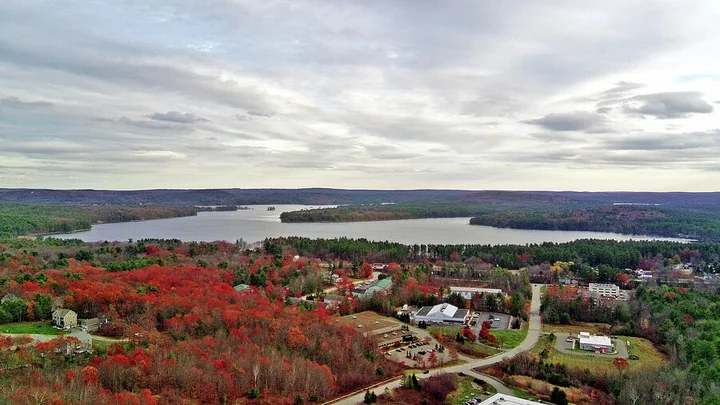 Autumn aerial overlooking Lake Massabesic, New Hampshire