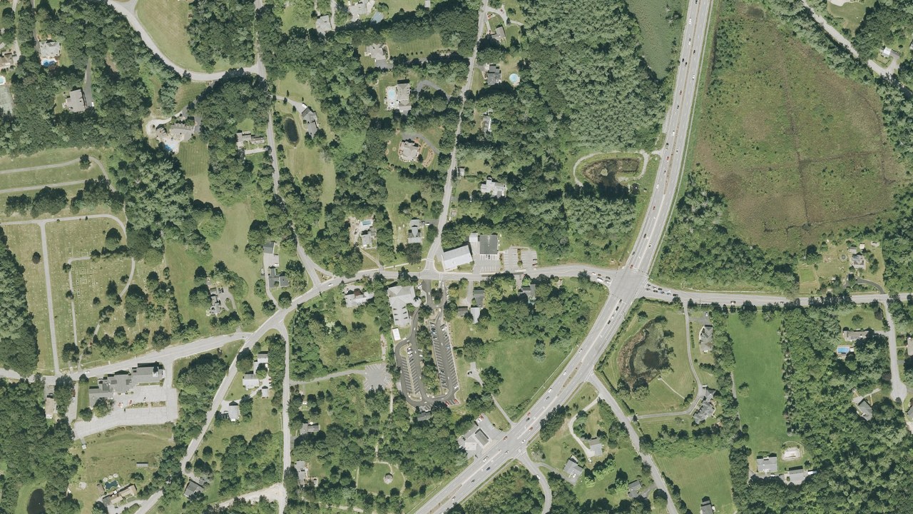 Aerial view of Bedford Town Hall and the surrounding historic town center, New Hampshire