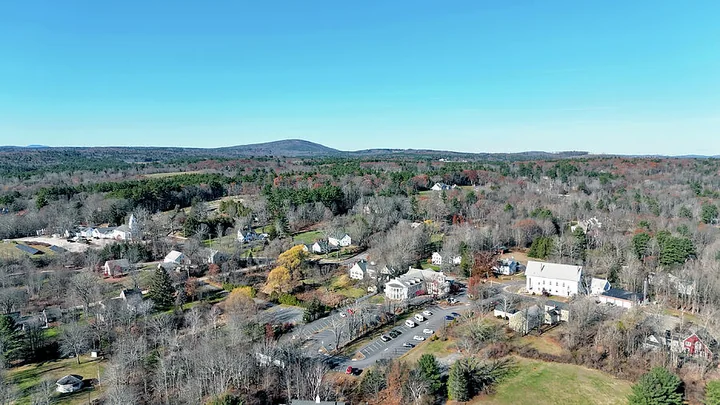 Scenic aerial view of Bedford village center and surrounding woodland, New Hampshire