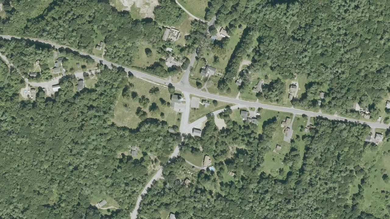 Aerial view of Candia’s historic High Street area and surrounding woodland, New Hampshire