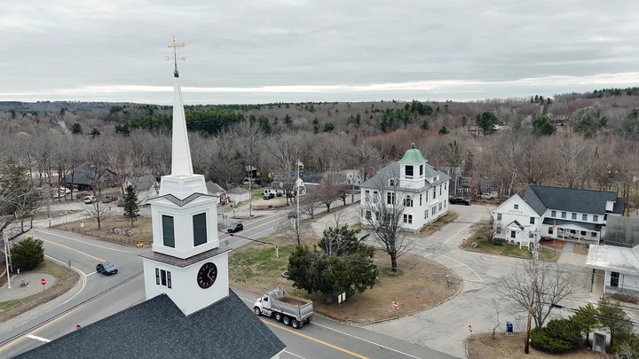 Aerial view of the church steeple, civic hall and public library in Chester, New Hampshire