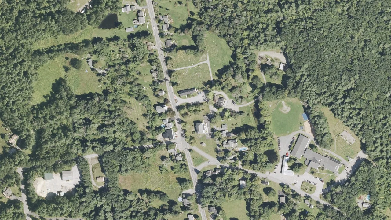 Aerial view of Dunbarton’s village center around School Street, New Hampshire