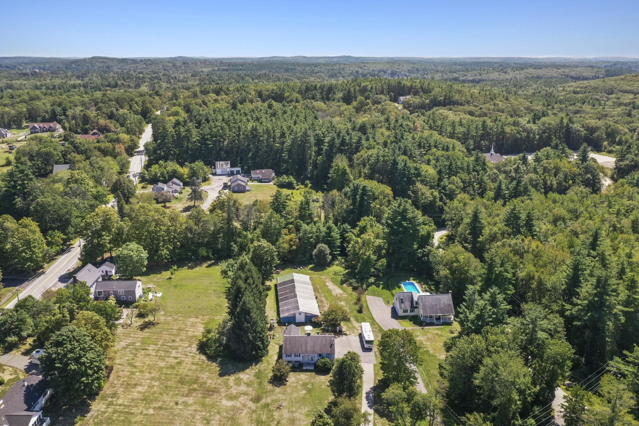 Aerial view of homes and woodland along North Salem Road in Hampstead, New Hampshire