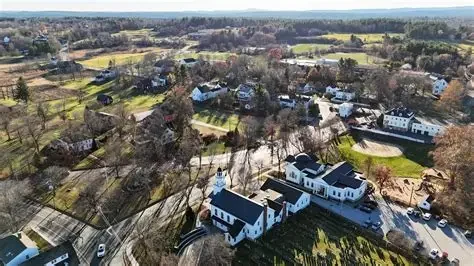 Aerial view of the village and church in Hollis, New Hampshire