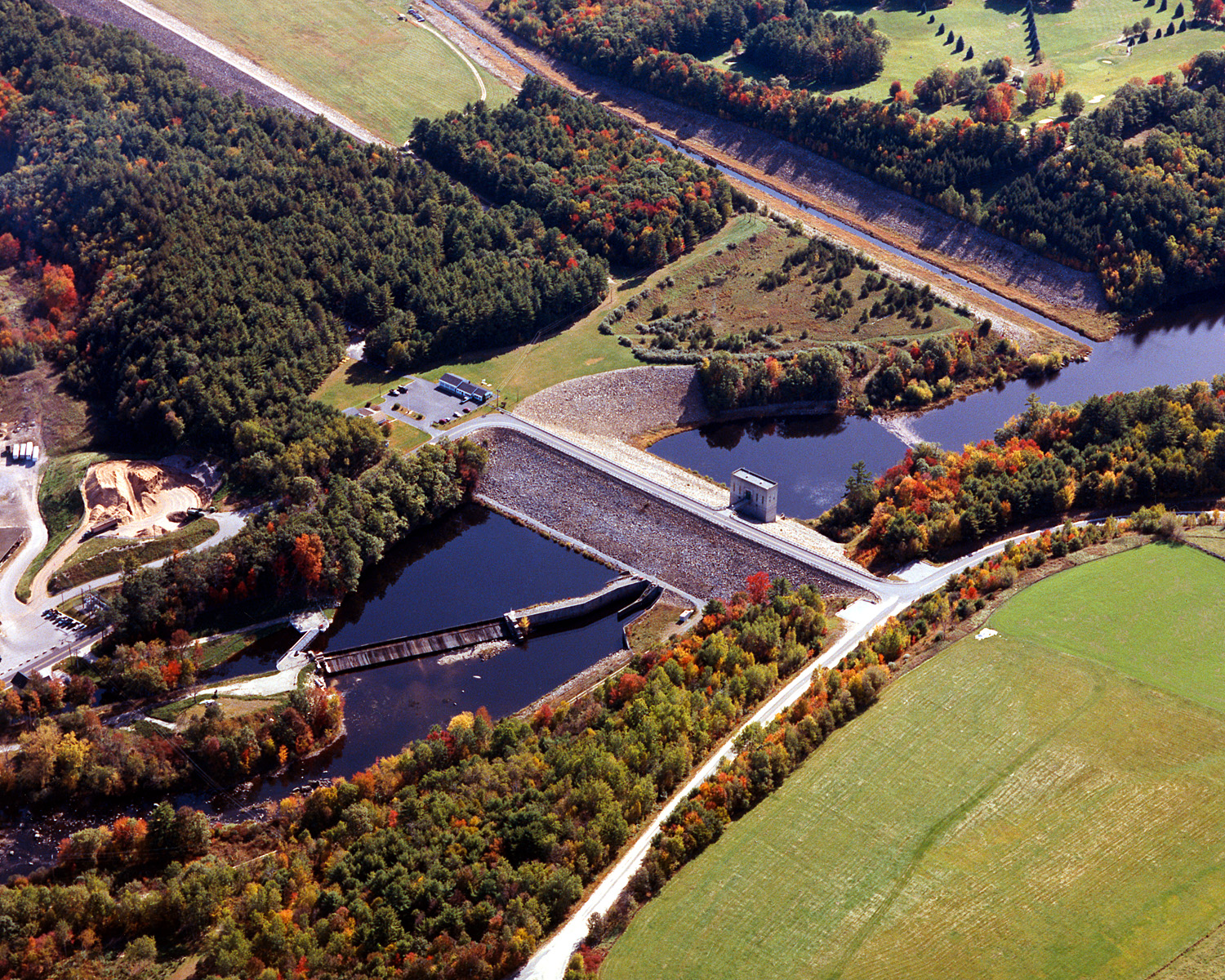 Autumn aerial view of Hopkinton Dam and the Contoocook River in Hopkinton, New Hampshire