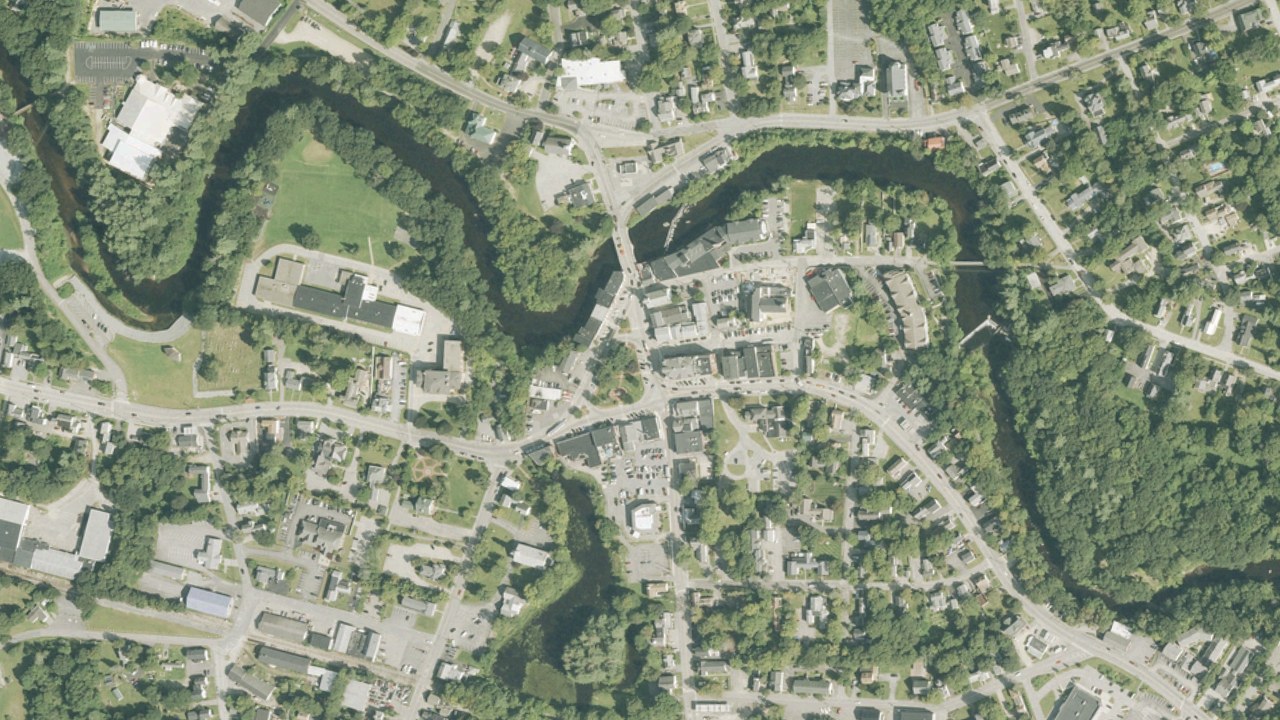 Aerial view of the Milford Oval, downtown Milford and the Souhegan River, New Hampshire