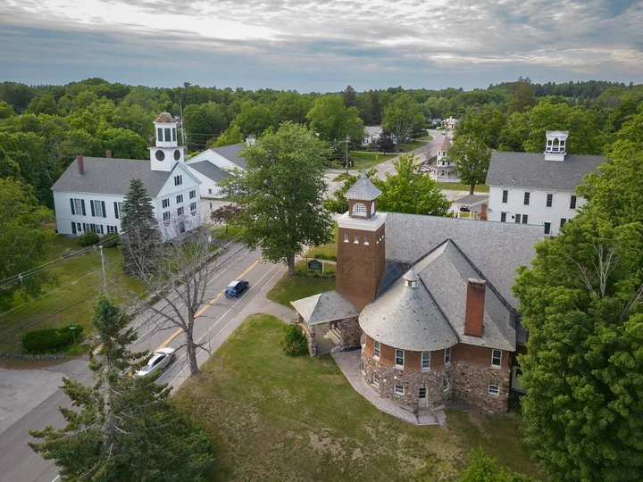 Aerial view of Main Street, Town Hall and the historic Daland building in Mont Vernon, New Hampshire