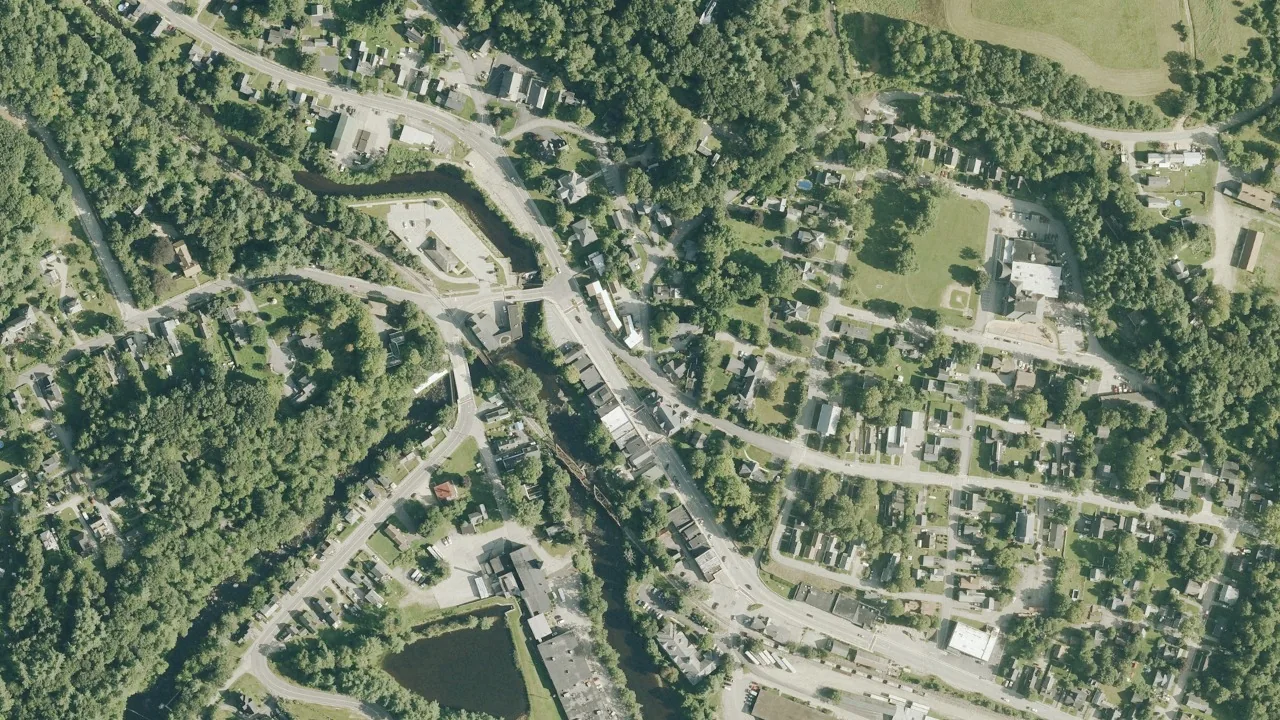 Aerial view of downtown Wilton and its river corridor, New Hampshire